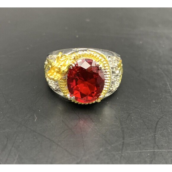 Dragon Ring Size 8 Two Tone Silver Gold Color Red Glass Stone Chunky Bold - Picture 5 of 9